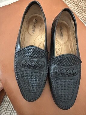 Santoni Black Woven Leather Slip-On Loafers